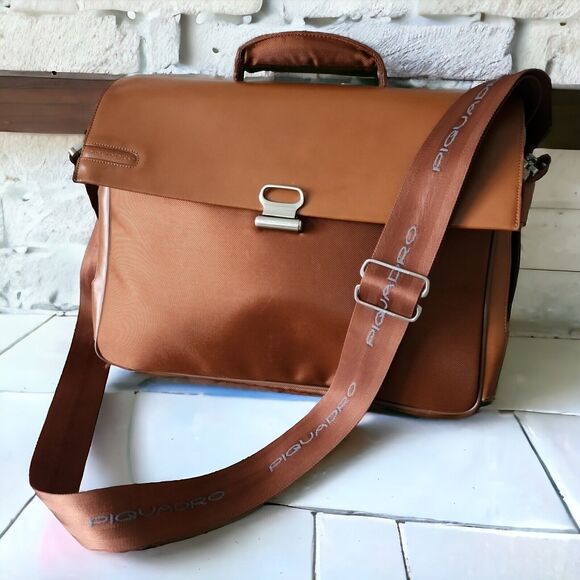 Piquadro Orange Leather Nylon Cross Body Messenger Bag Briefcase Italy Quality - Picture 1 of 16